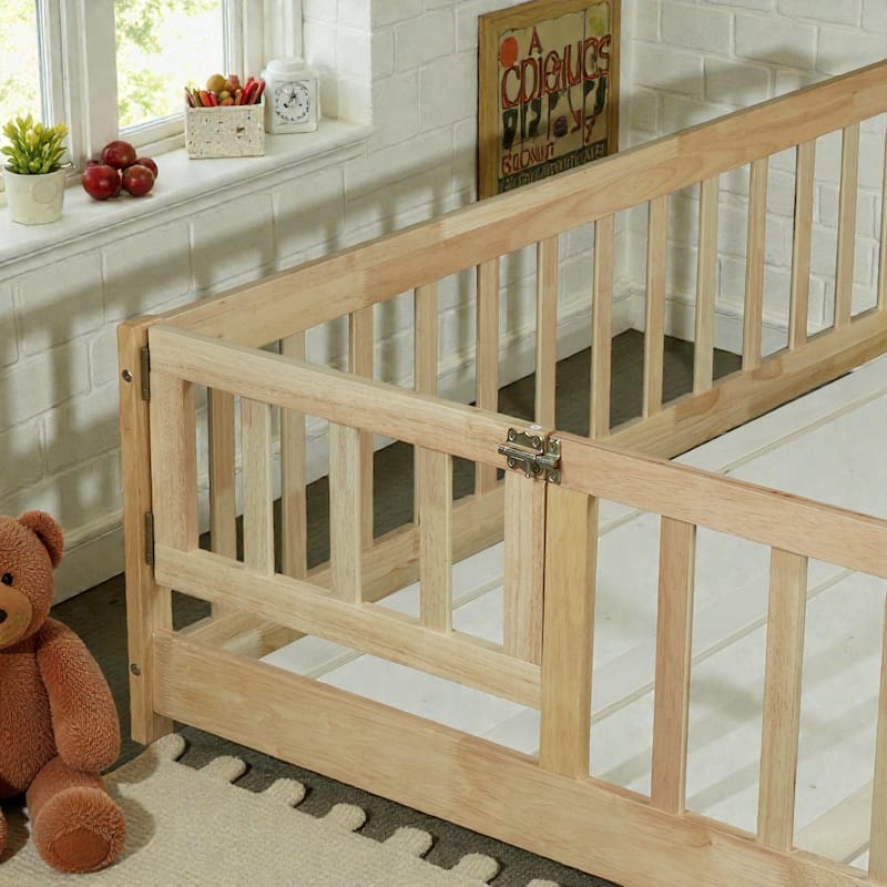 Queen Floor Bed with Fence and Door, Solid Rubber Wood Montessori Floor Bed with Safety Guardrails