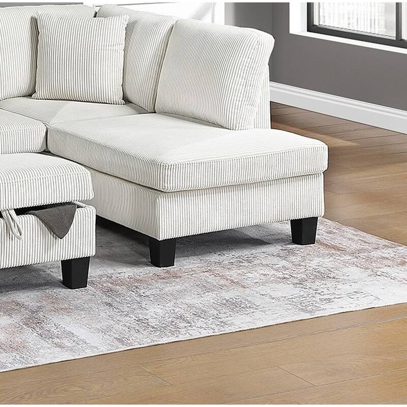 3pc Sectional Set with Chaise, Sofa & Storage Ottoman, Beige Corduroy, Pillows Included