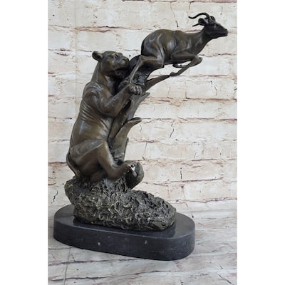 Sign Hot Cast Barye Jaguar Attacking Baby Gazelle Bronze Marble Sculpture Figure