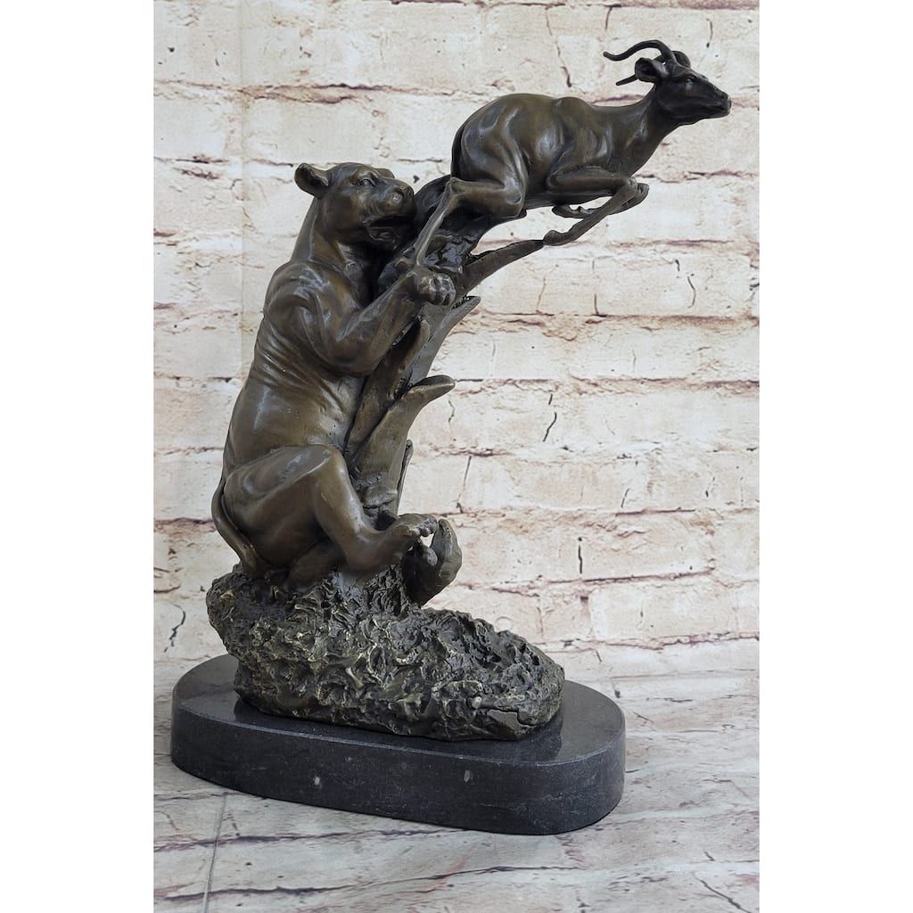 Sign Hot Cast Barye Jaguar Attacking Baby Gazelle Bronze Marble Sculpture Figure