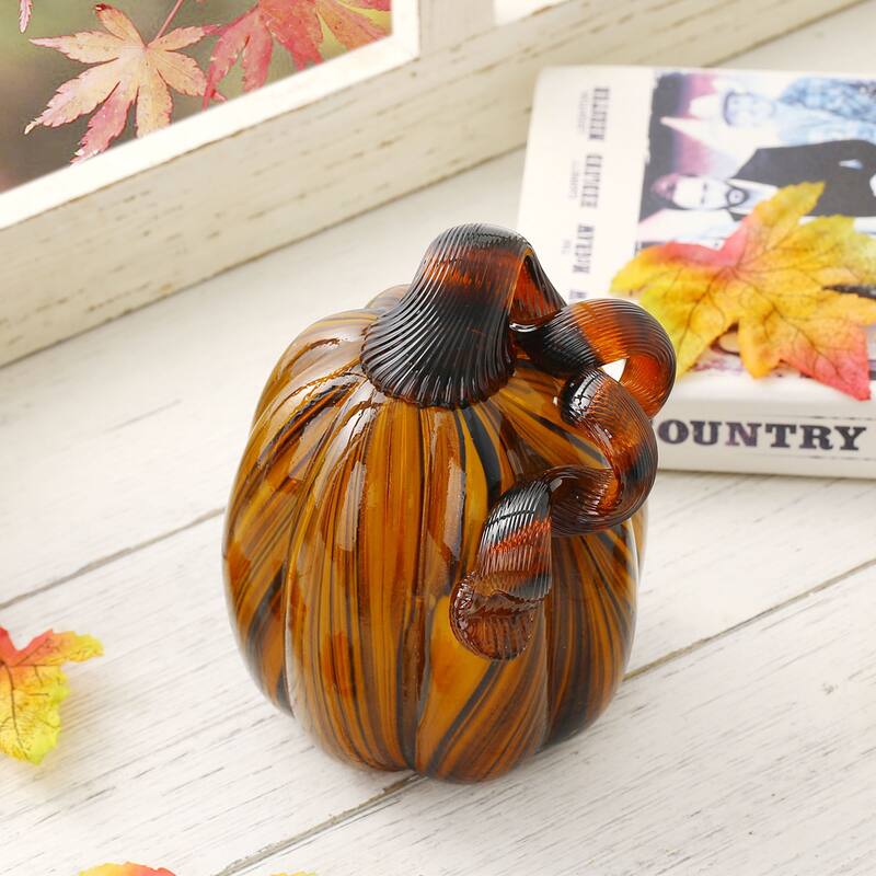 Glitzhome Fall Harvest Multi Striped Handblown Glass Pumpkins Thanksgiving Table Accent - D
