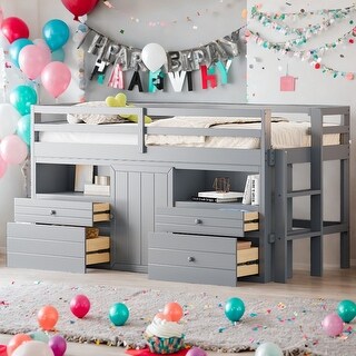 Twin Size Loft Bed With 4 Drawers,Underneath Cabinet and Shelves for Home