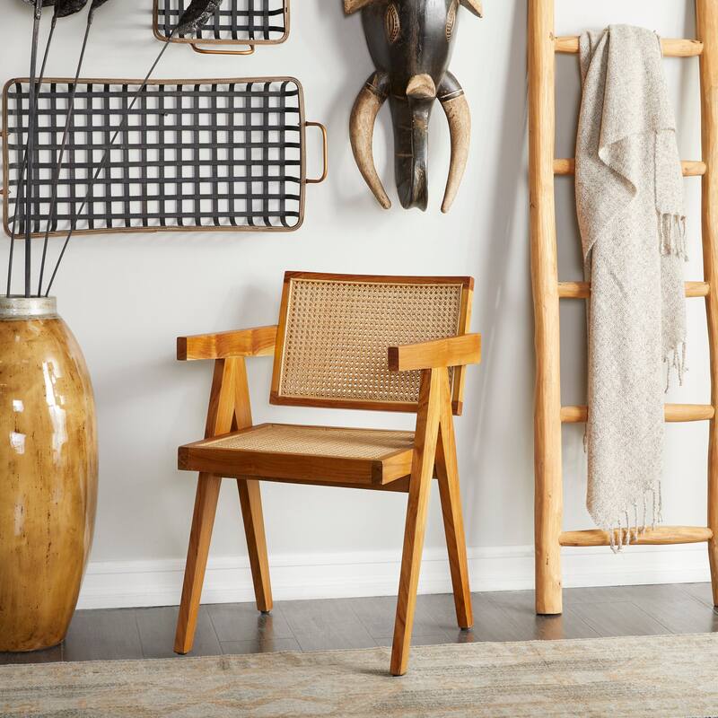 Teak Wood Living Room Accent Chair with Leather or Woven Cane Seat - Brown - 20"W, 30"H