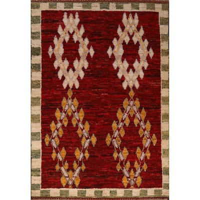 Red Geometric Moroccan Oriental Area Rug Handmade Wool Carpet - 5'9" x 7'11"