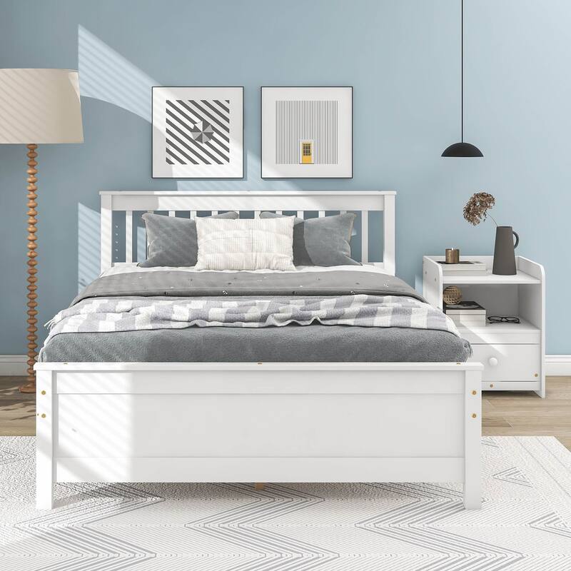 Platform Pine Wooden Bed with Headboard and Footboard for Kids or Bedroom