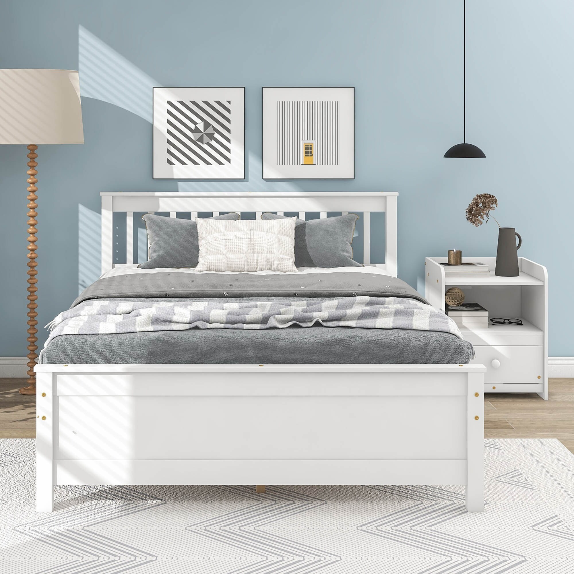 White Twin Bed with Headboard and Footboard for Kids Teens Adults Wood Platform Bed Frame with Nightstand No Box Spring Needed Full