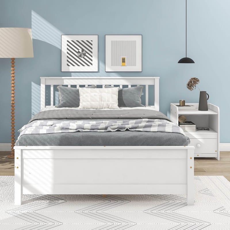 White Pine Wood Full Bed with Slatted Headboard and Footboard - No Box Spring Required, Includes Nightstand