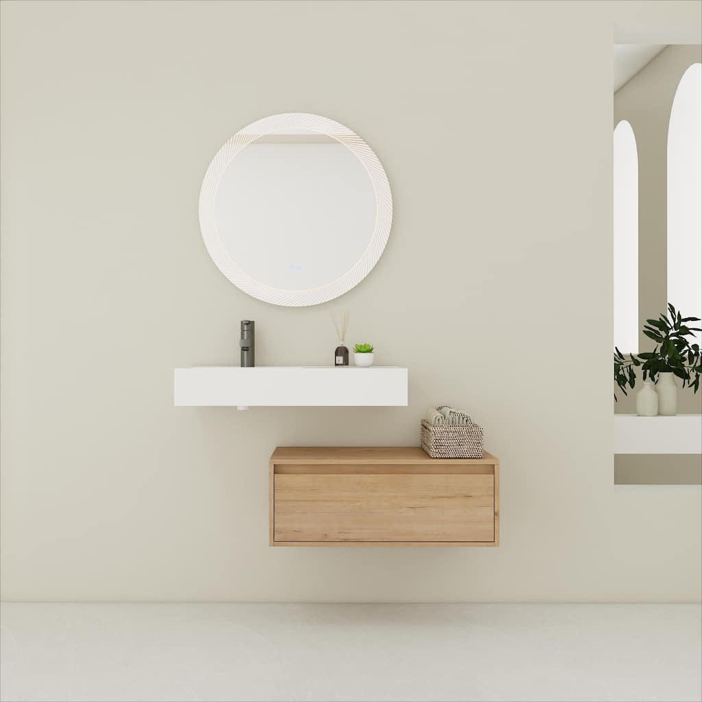 Wall-Mounted Bathroom Vanity with Single Resin Sink, Soft-Close Drawer, Floating Design in Imitative Oak Finish