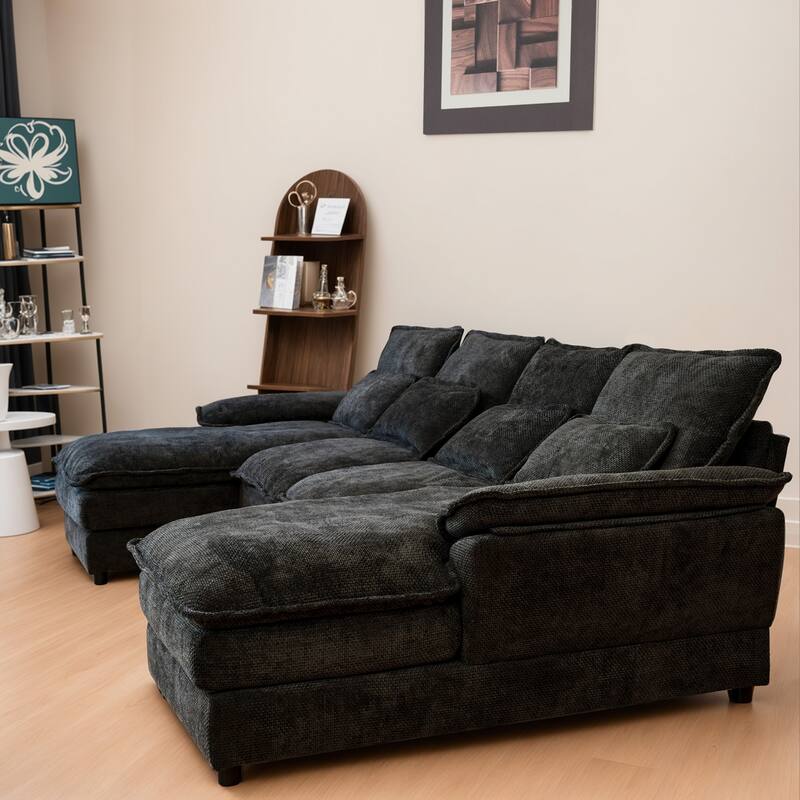 Symmetrical U-shaped Chaise Sectional Sofa, Comfy Chenille Upholstered Couch with Double Layer Seat Cushions and Waist Pillows