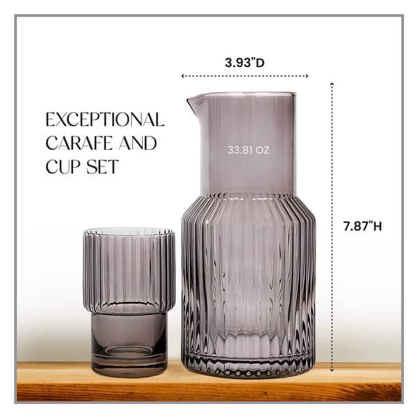 Elle Decor Carafe Set Night Water Ribbed Pitcher and Cup 33 Oz Bed