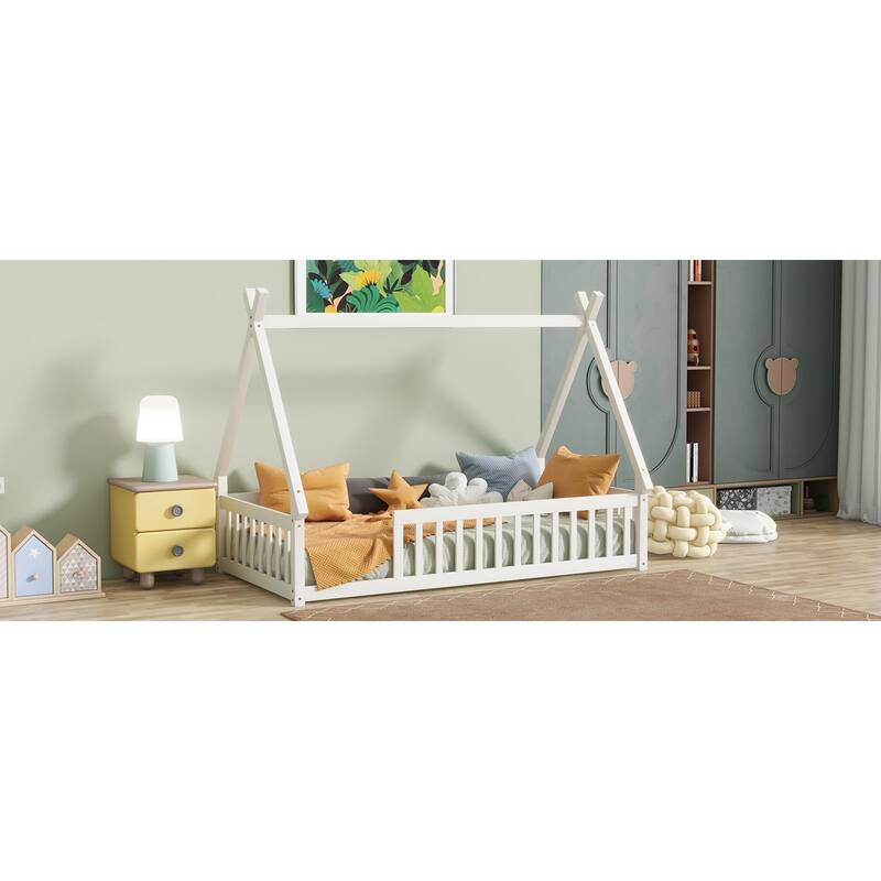 Roomfitters Twin Tent-Shaped Floor Bed with Teepee Frame, Rubber Wood Platform with Guardrails and Slats