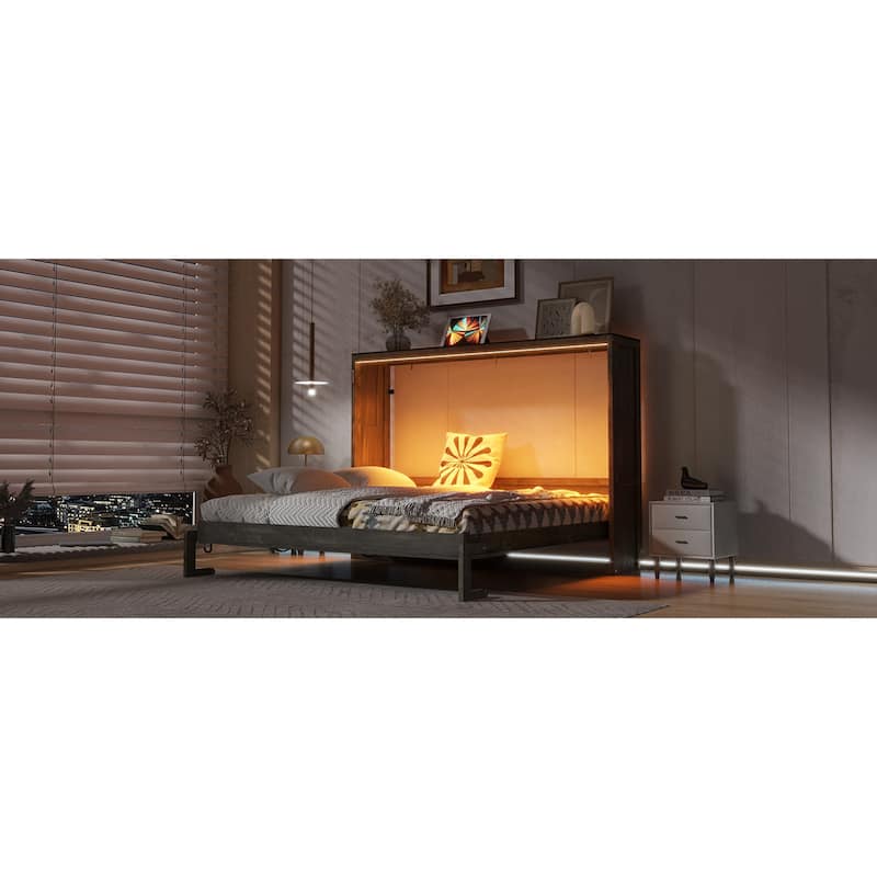 Roomfitters Full/Queen Size Murphy Bed with Desk, LED Light and Hydraulic Lift, Cabinet Design