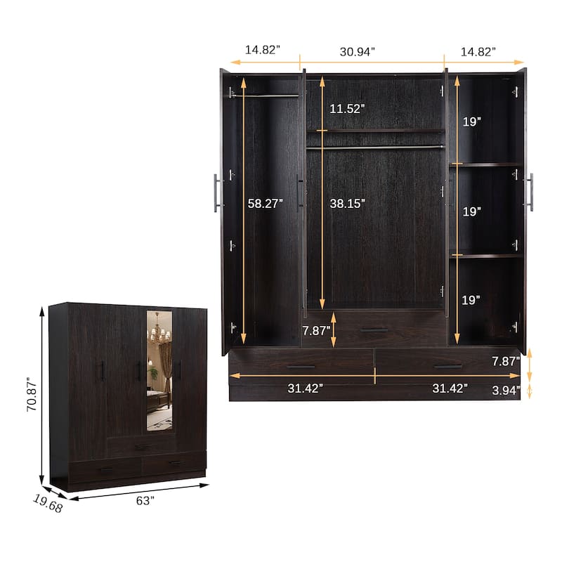 Wood Wardrobe Armoire Storage Cabinet: 4 Door 3 Drawers Closet Wardrobe with Shelves