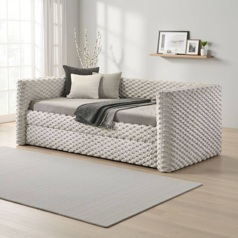 Sely Daybed w Pull Out Trundle, Faux Marble Top, Beige Upholstery