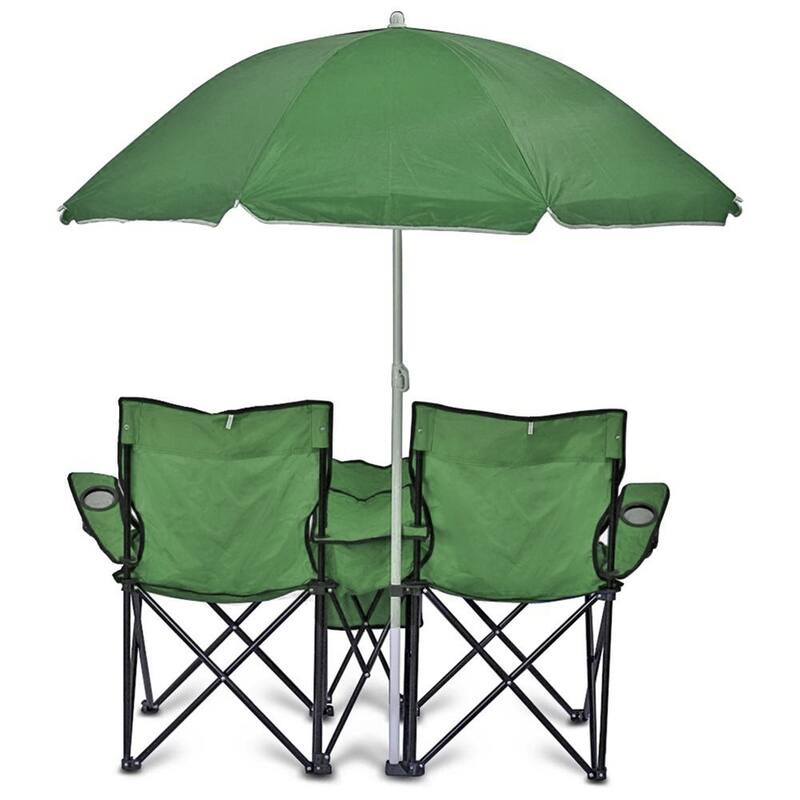 GoTeam Portable Double Folding Chair w/Removable Umbrella, Cooler Bag and Carry Case