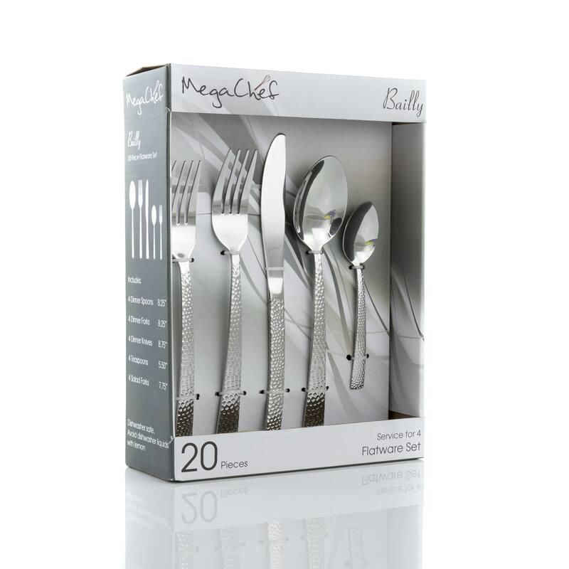 Daisy 20 Piece Hammered Design Stainless Steel Silverware Set in Silver