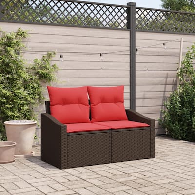 vidaXL 2-Seater Garden Sofa with Cushions Black/Brown/Grey Poly Rattan - 24.4 x 48.4 x 27.2