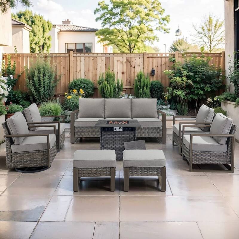 Pocassy Outdoor 30" Fire Pit Table with Sofa Swivel Chair Set - Grey Wicker Gray Cushion - 8-Piece Sofa Chair with Fire Table