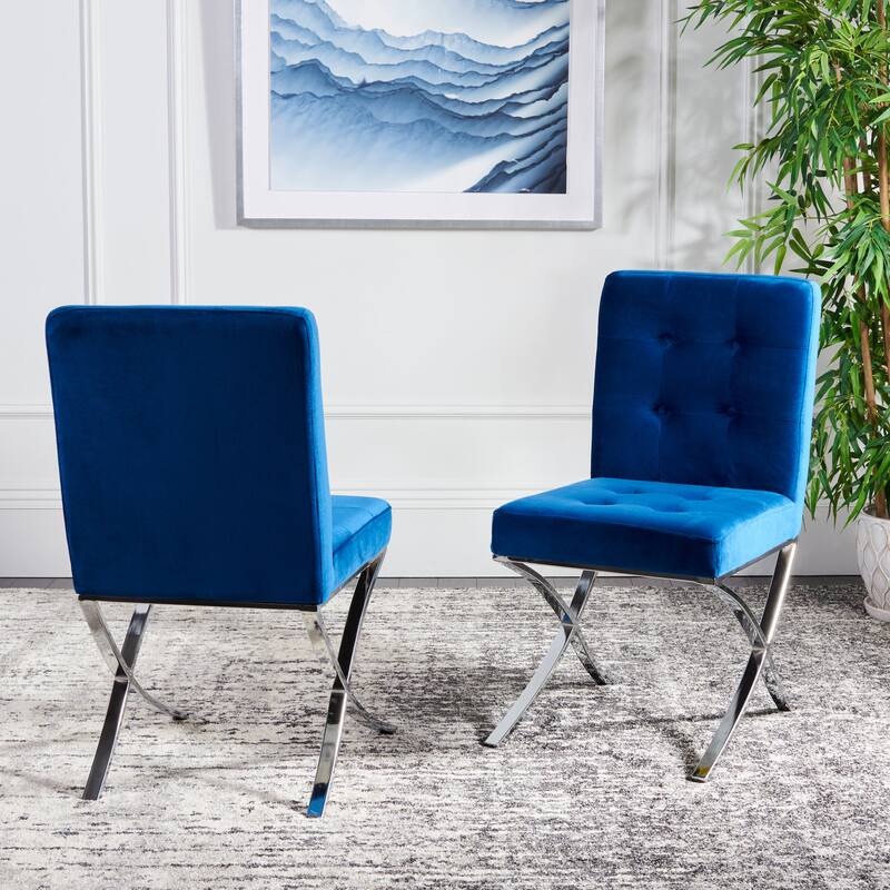 SAFAVIEH Merrilee Glam Black Chrome Tufted Side Chair - 19Wx23Dx35H - Navy/Chrome