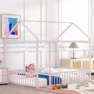 Metal House Bed Frame with Fence and Roof for Kids, Teens, Girls, Boys