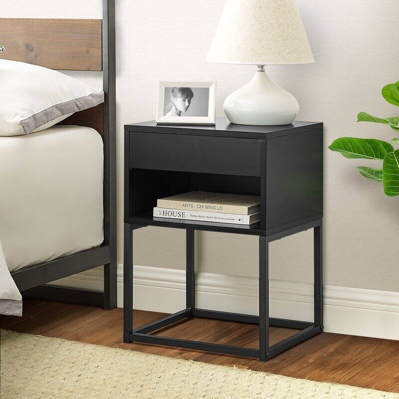 BIKAHOM Simple End Table with Drawer and Shelf for Any Room,Nightstand,Metal Leg Design
