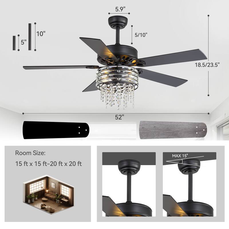 52-inch Reversible 5-Blade Crystal Caged Ceiling Fan with Remote and Light Kit
