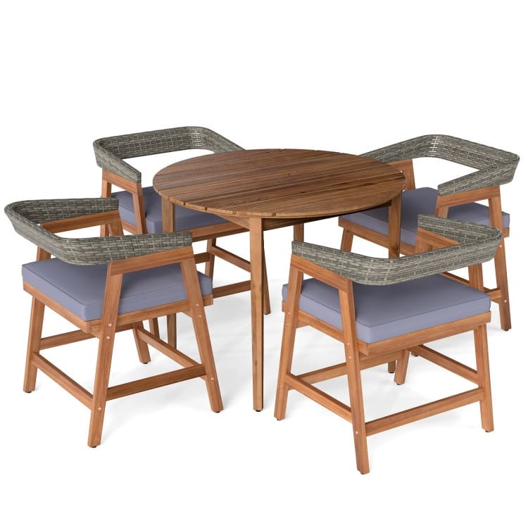 Grey Rattan Wood 5 Piece Round Patio Dining Set with Cushions - Table: 36" x 28" - Grey