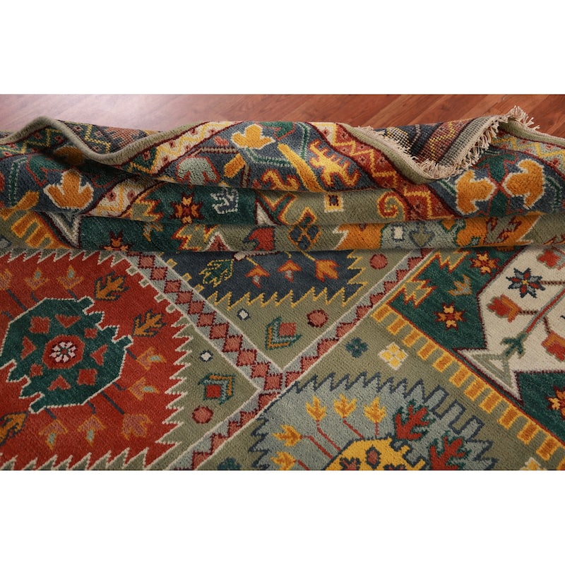 Green Geometric Kazak Oriental Area Rug Hand-Knotted Wool Carpet - 8'0" x 10'2"