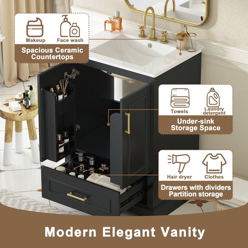 24" Bathroom Vanity with Sink, Solid Wood Frame & MDF, 1 Divided Drawer, 2 Soft-Close Doors with Dual Door Racks
