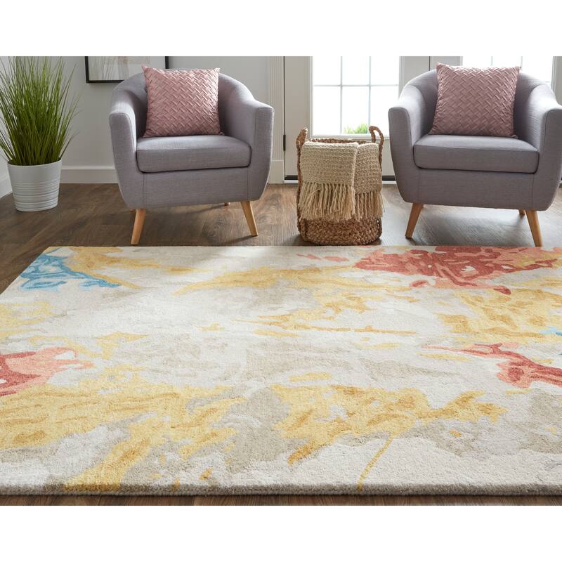 Everley Abstract Tufted Wool Rug, Sunny Yellow/Sky Blue, Area Rug