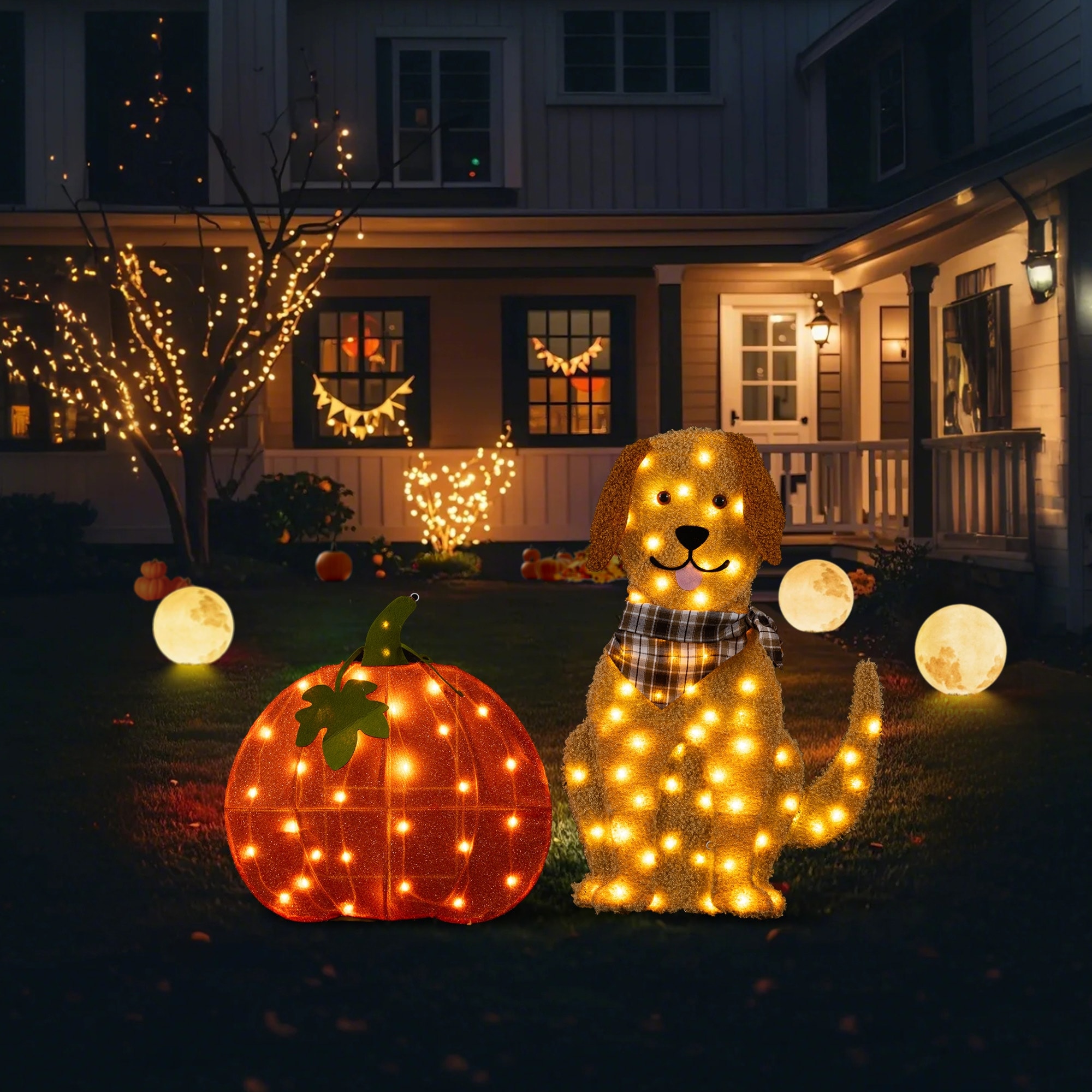 Glitzhome 3.9FT Fall 2.5D Lighted Labrador on Pumpkin Outdoor Decor with 90 Warm White LED Lights - 23"L x 2.25"W x 47"H