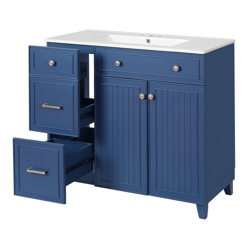 Transitional Style 36-inch Bathroom Vanity with Ceramic Sink, 2 Soft-Close Doors Freestanding Cabinet with 2 Drawers