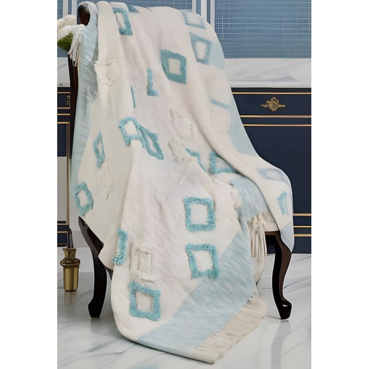 HomeRoots 50" X 60" Aqua And Off White Cotton Woven Geometric Throw Blanket with Fringe - Throw