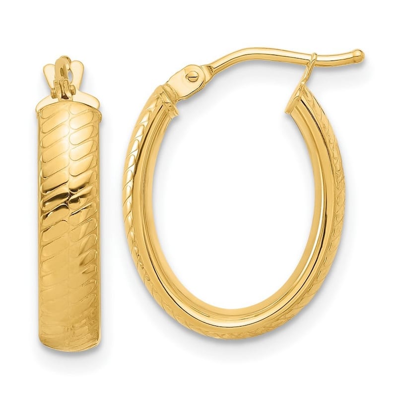 Curata 14k Yellow Gold Polished and Textured Oval Hoop Earrings - 19.01x14.37mm