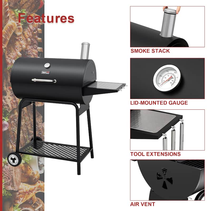 Royal Gourmet CC1830 30-Inch Barrel Charcoal Grill with Side Table, 627 Square Inches, Black