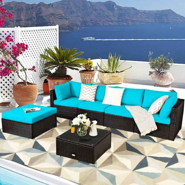 6 Pieces Outdoor Patio Rattan Furniture Set Sofa Ottoman with Coffee Table - 30'' x 30'' x 26''(L x W x H)