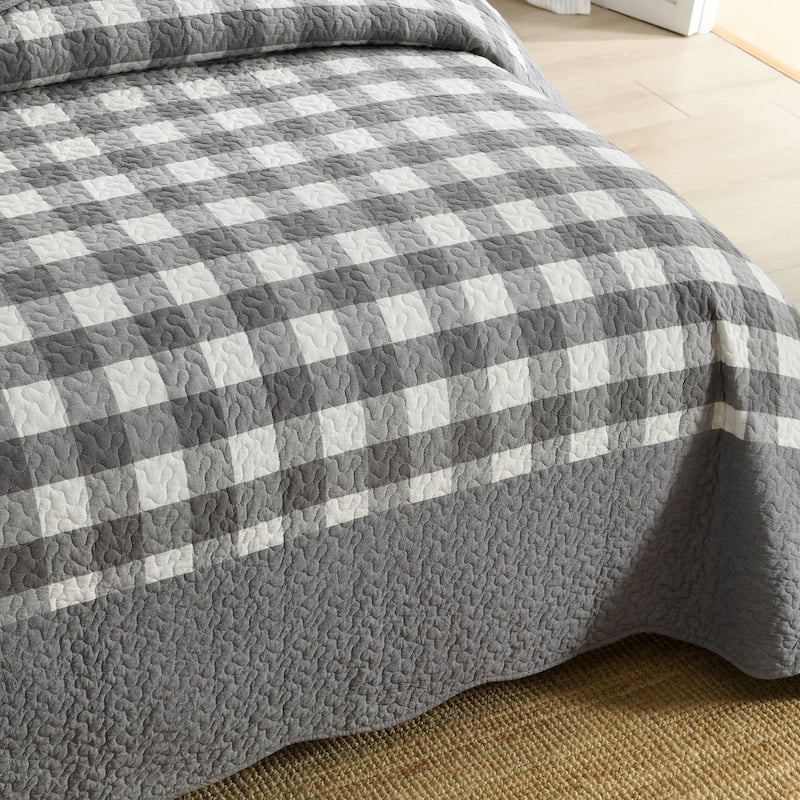 3 Pcs Grey White Checkered Quilted Bedspread Set