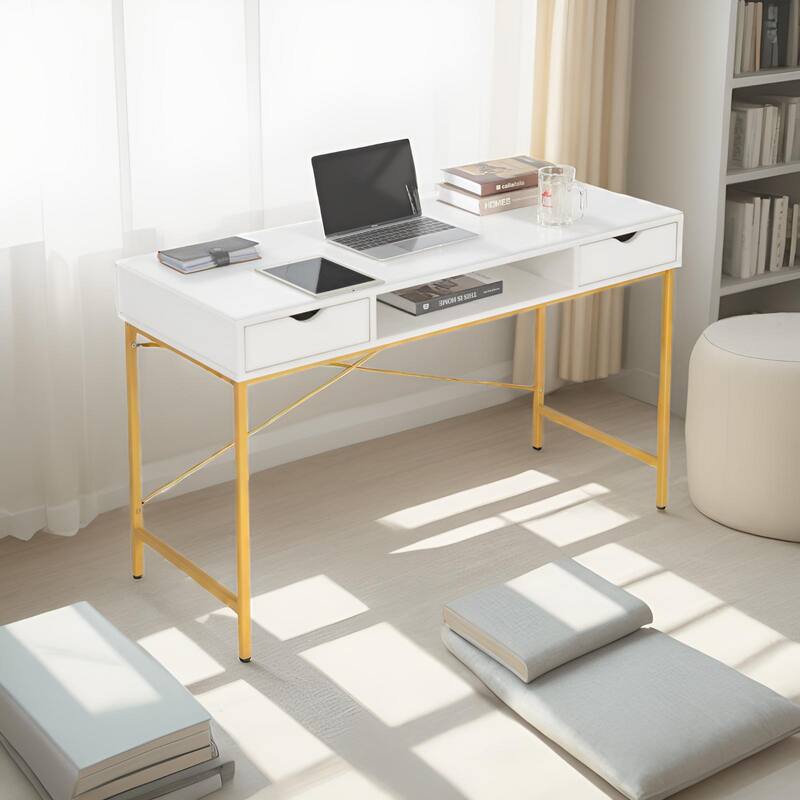 JJS 40" Modern Office Desk Large Computer Desk with Power Outlet, USB Port & Drawer, Home Workstation