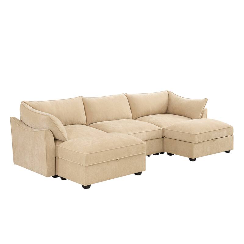 U-Shape 3-Deep Seater Sofa Couch with 2 Movable Storage Ottomans & Pull Out Drawers