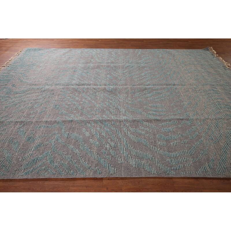 All-Over Grey Blue Moroccan Abstract Area Rug Hand-Knotted Wool Carpet - 9'0"x 12'1"