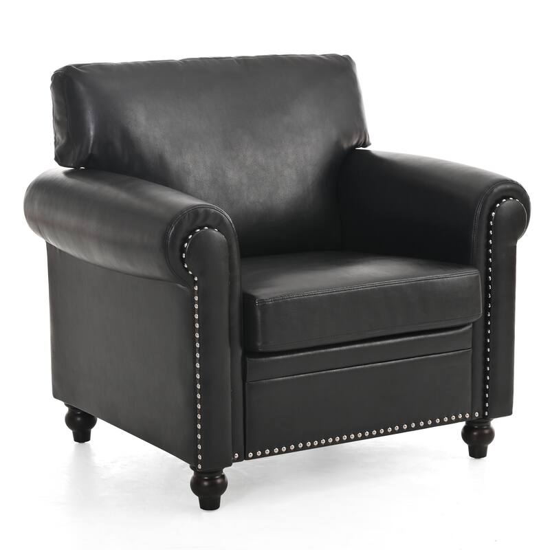 Black PU Modern 37.4" Upholstered Accent Chair with Solid Wood Frame and Nailheads for Living Room