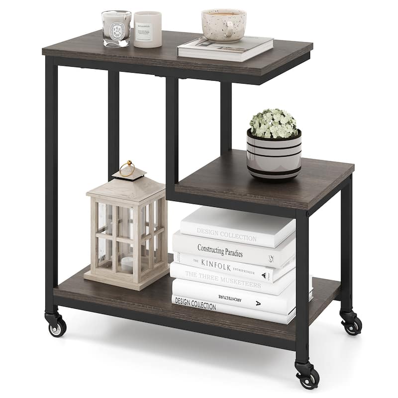 3-Tier G-Shaped Wooden Side End Table with Wheels and Storage for Living Room or Office Use - 23" x 12" x 24"