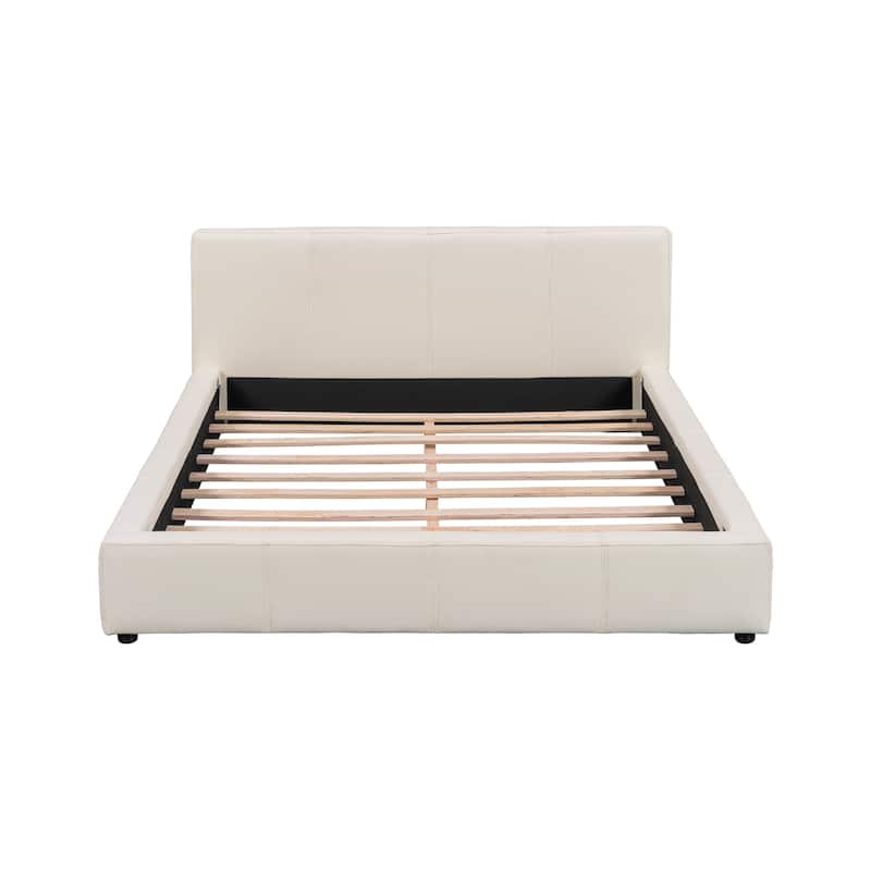 Full / Queen / King Stylish Beige Upholstered Bed with Faux Leather and Solid Wood Frame