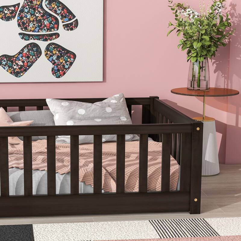 Twin Floor Platform Bed with Fence without Door
