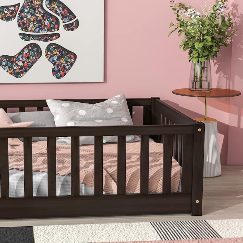 Twin Size Rubber Wood Floor Panel Bed with Safety Fence - No Door Version