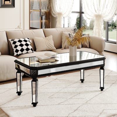 Mirrored Coffee Table Office Table with Vintage Carved, Wooden Center Table End Table with Glass Tabletop