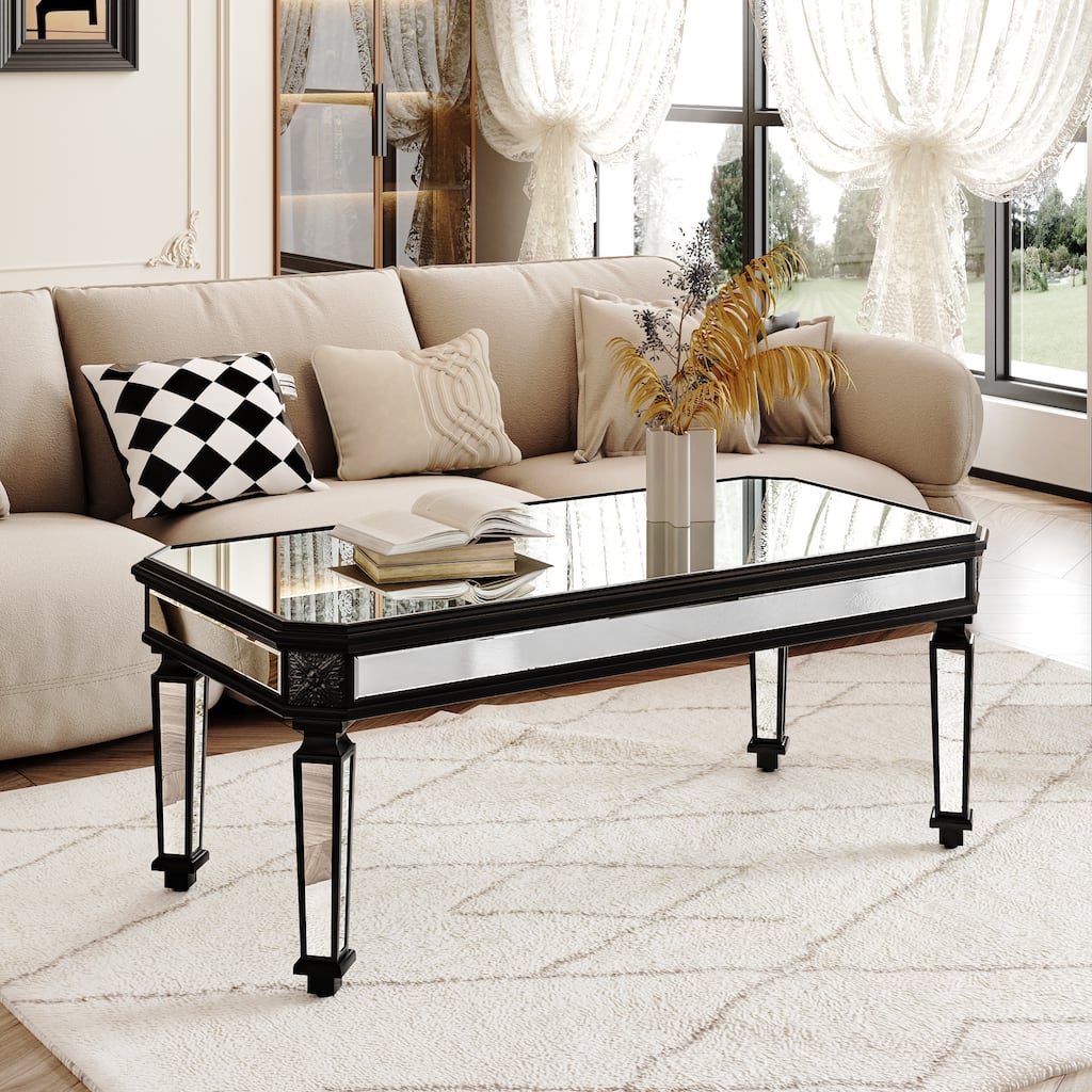 Mirrored Coffee Table Office Table with Vintage Carved, Wooden Center Table End Table with Glass Tabletop