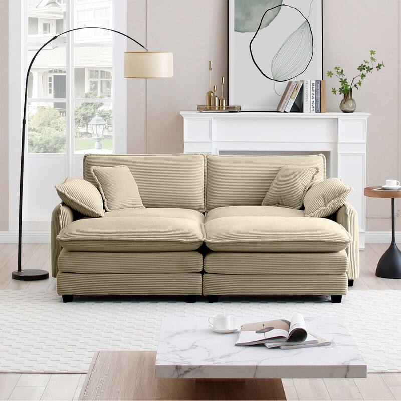 4-Piece Corduroy Modular Sleeper Sectional Sofa with 2 Ottomans & 4 Pillows