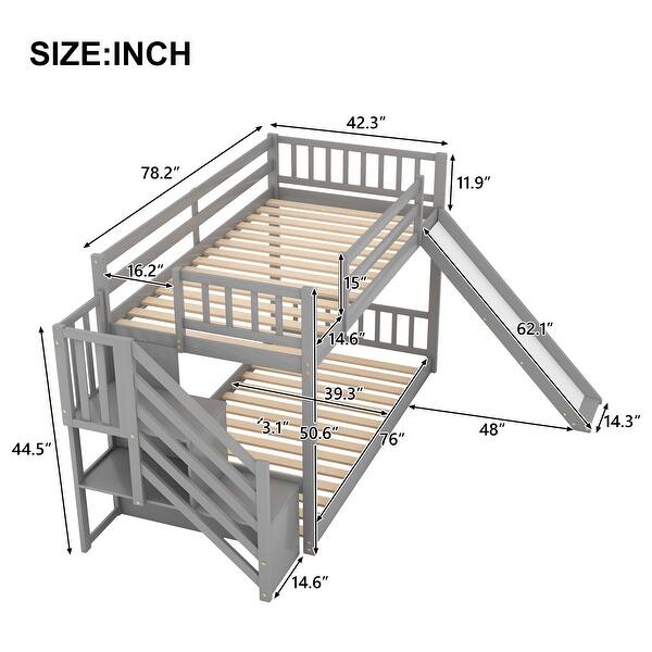 dimension image slide 1 of 2, Twin over Twin Low Bunk Bed Frame with Convertible Slide and Stairway