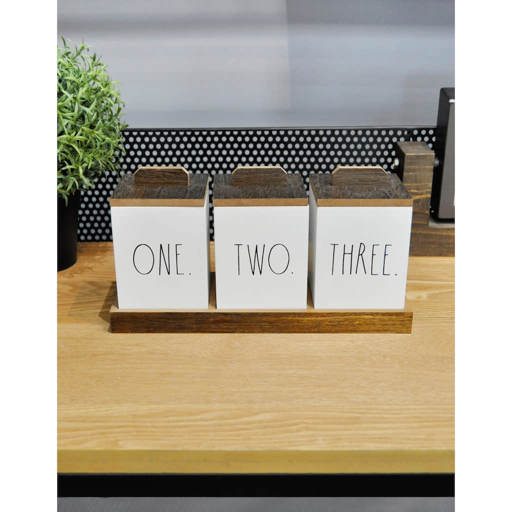 Rae Dunn Bathroom Containers for Organizing - Storage Canister Set of 3 with Lids and Wood Tray - Makeup and Accessories Holder